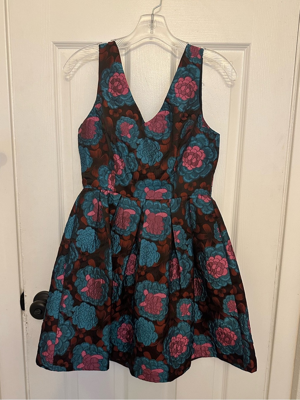 Floral Jacquard Mini Dress in Teal & Magenta